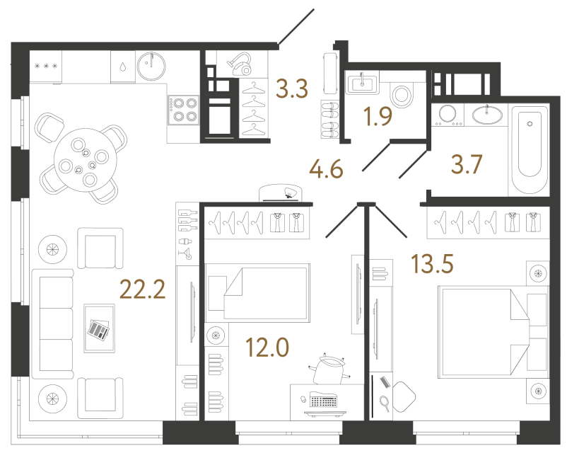Двухкомнатная квартира №194 в ЖК Литера - 61.2 м²