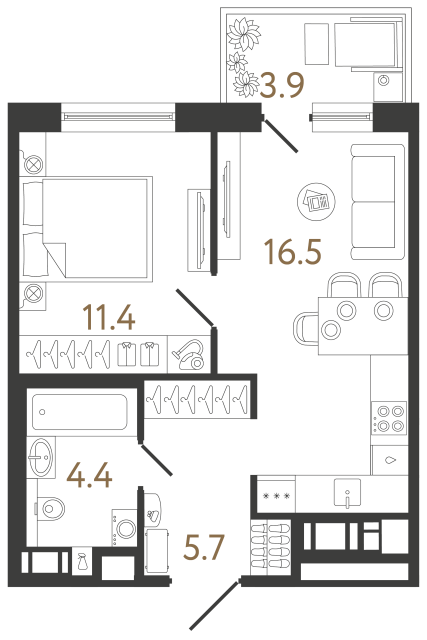 Однокомнатная квартира №87 в ЖК Передвижники 2 - 38 м²