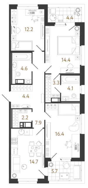 Трёхкомнатная квартира №172 в ЖК Литера - 84.2 м²