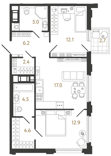 Двухкомнатная квартира №331 в ЖК Гений - 64.7 м²