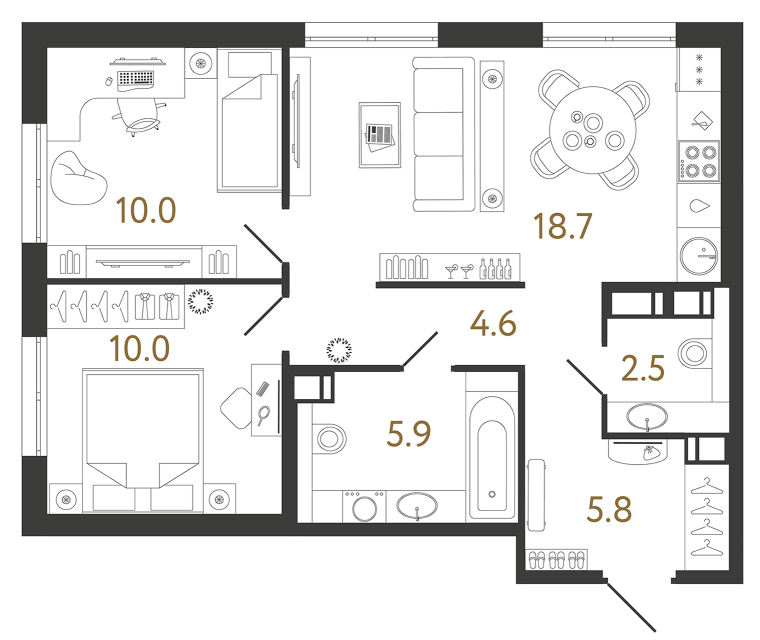 Двухкомнатная квартира №415 в ЖК Струны - 57.5 м²
