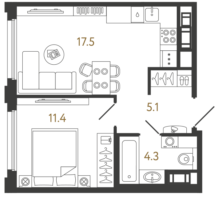 Однокомнатная квартира №396 в ЖК Гений - 38.3 м²