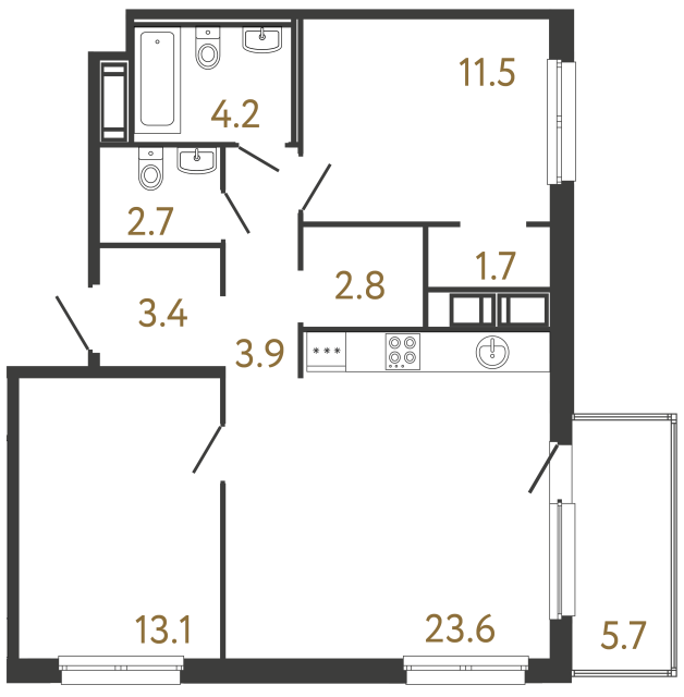 Двухкомнатная квартира №73 в ЖК Передвижники - 66.9 м²  - №2