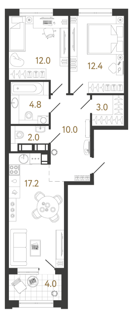 Двухкомнатная квартира №286 в ЖК Струны - 61.4 м²