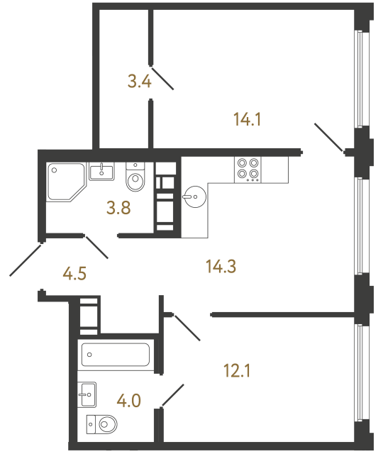 Двухкомнатная квартира №220 в ЖК Гений - 56.2 м²  - №2
