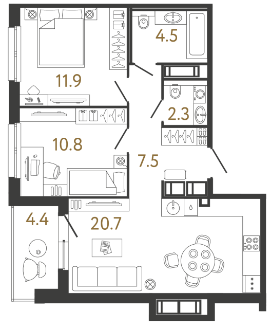Двухкомнатная квартира №144 в ЖК Передвижники - 57.7 м²
