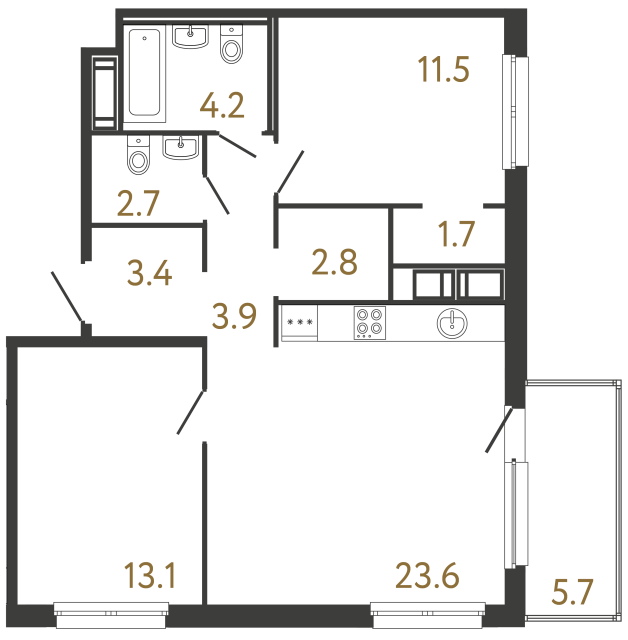 Двухкомнатная квартира №55 в ЖК Передвижники - 66.9 м²  - №2