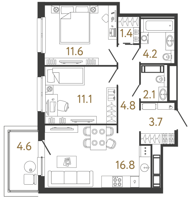 Двухкомнатная квартира №335 в ЖК Передвижники - 55.7 м²