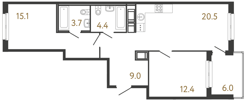 Двухкомнатная квартира №322 в ЖК Передвижники - 65.1 м²  - №2