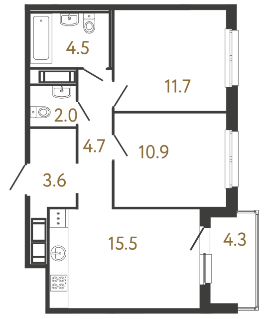 Двухкомнатная квартира №337 в ЖК Передвижники - 52.9 м²  - №2