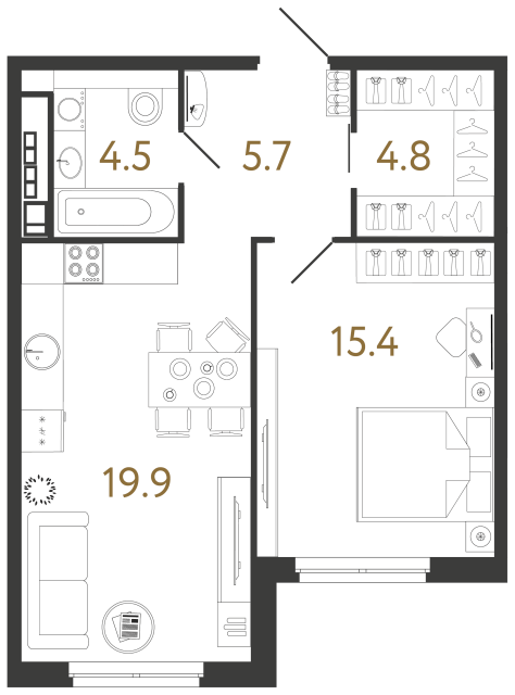 Однокомнатная квартира №74 в ЖК Визионер - 50.3 м²