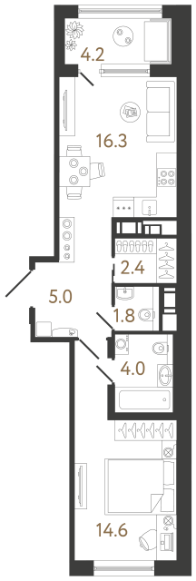Однокомнатная квартира №24 в ЖК Передвижники 2 - 44.1 м²