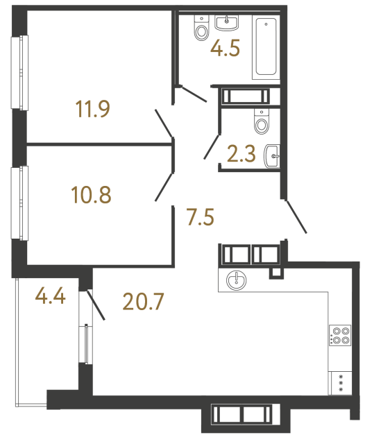 Двухкомнатная квартира №144 в ЖК Передвижники - 57.7 м²  - №2