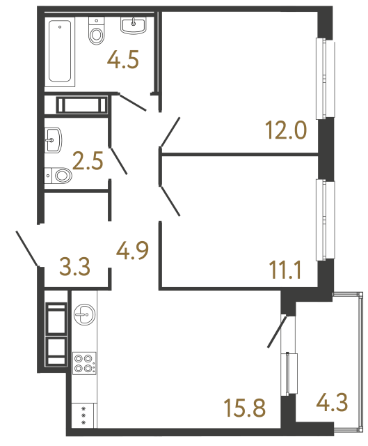 Двухкомнатная квартира №352 в ЖК Передвижники - 54.1 м²  - №2