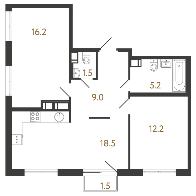 Двухкомнатная квартира №197 в ЖК Струны - 62.6 м²  - №2