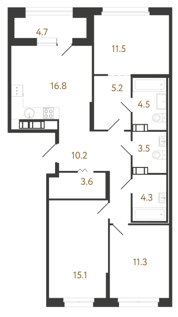 Трёхкомнатная квартира №106 в ЖК Куинджи - 86 м²  - №2