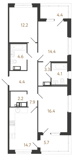 Трёхкомнатная квартира №187 в ЖК Литера - 84.2 м²  - №2