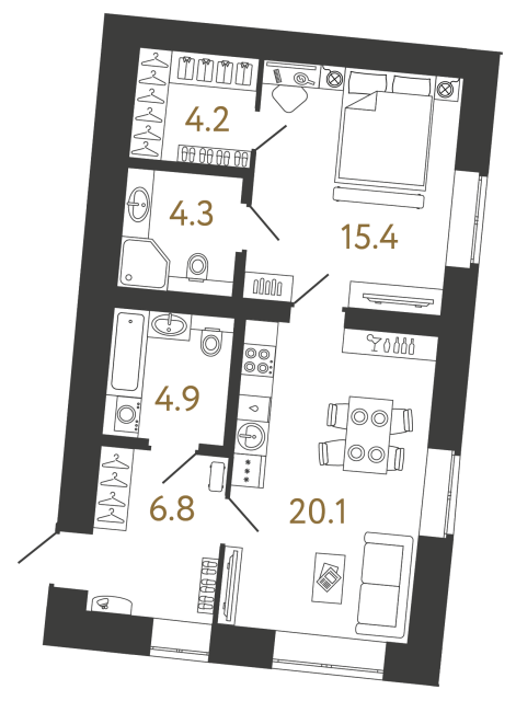 Однокомнатные апартаменты №153 в ЖК Типография - 55.7 м²