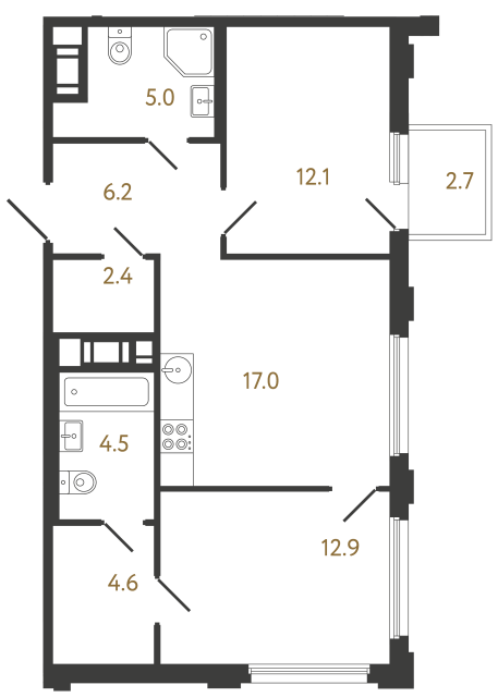 Двухкомнатная квартира №331 в ЖК Гений - 64.7 м²  - №2