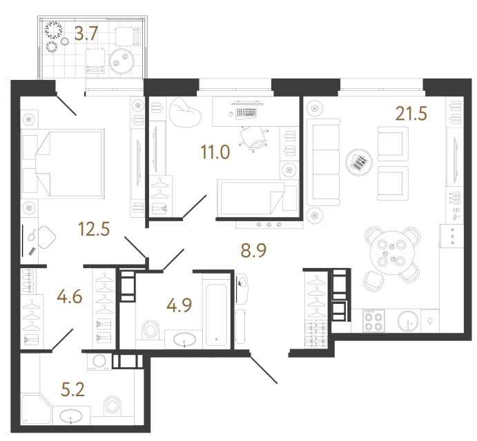 Двухкомнатная квартира №403 в ЖК Куинджи - 68.6 м²