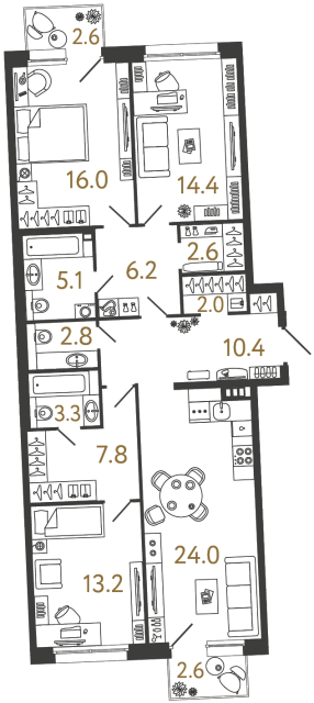 Трёхкомнатная квартира №36 в ЖК Цвет Зеленогорска - 107.8 м²