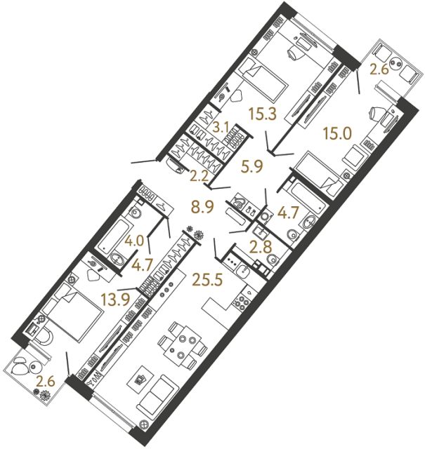 Трёхкомнатная квартира №60 в ЖК Цвет Зеленогорска - 106 м²