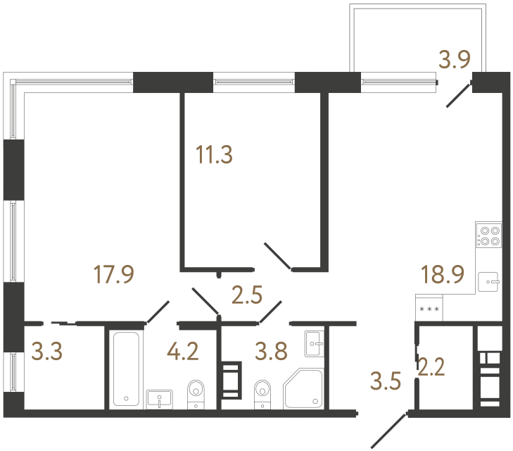 Двухкомнатная квартира №83 в ЖК Передвижники 2 - 67.6 м²  - №2