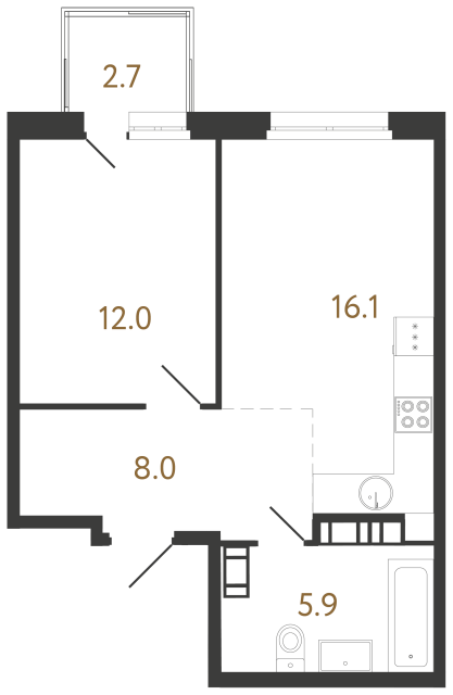 Однокомнатная квартира №156 в ЖК Куинджи - 42.7 м²  - №2
