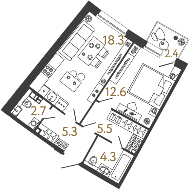 Однокомнатная квартира №81 в ЖК Цвет Зеленогорска - 48.7 м²