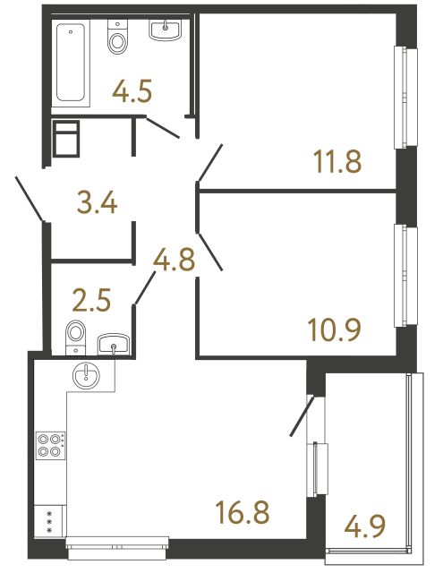 Двухкомнатная квартира №339 в ЖК Передвижники - 54.7 м²  - №2