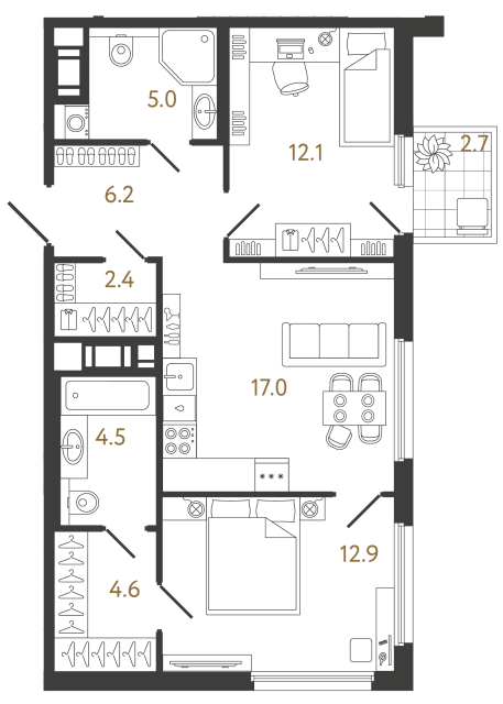 Двухкомнатная квартира №379 в ЖК Гений - 64.7 м²