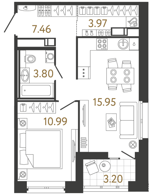 Однокомнатная квартира №384 в ЖК Ultra City 3 - 42.17 м²