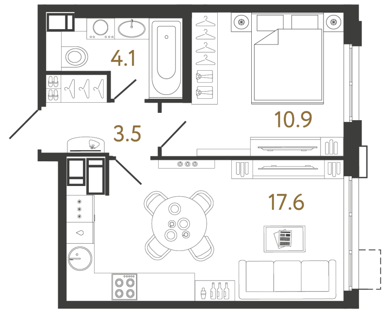 Однокомнатная квартира №622 в ЖК Струны 2 оч. - 36.1 м²