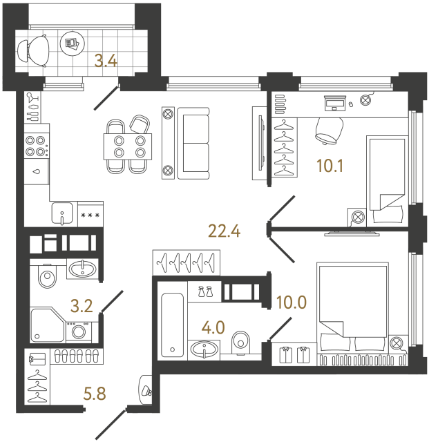 Двухкомнатная квартира №810 в ЖК Гений - 55.5 м²