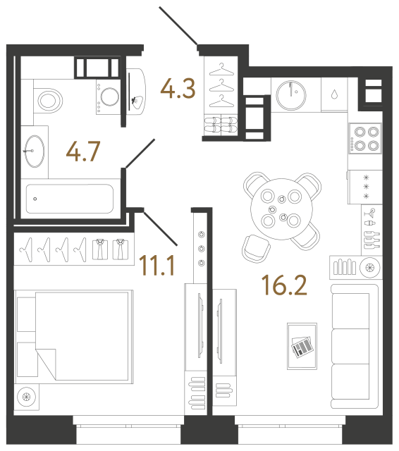Однокомнатная квартира №4 в ЖК Куинджи - 36.3 м²