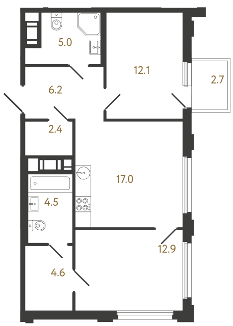 Двухкомнатная квартира №347 в ЖК Гений - 64.7 м²  - №2