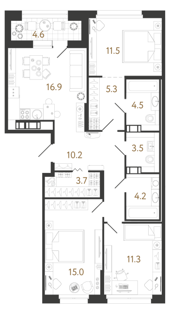 Трёхкомнатная квартира №112 в ЖК Куинджи - 86.1 м²