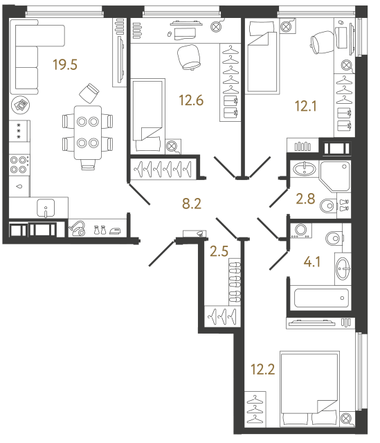 Трёхкомнатная квартира №557 в ЖК Гений - 74 м²