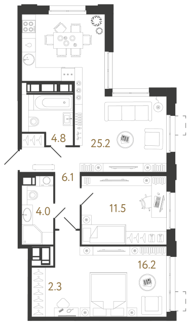 Двухкомнатная квартира №1134 в ЖК Струны 2 оч. - 70.1 м²