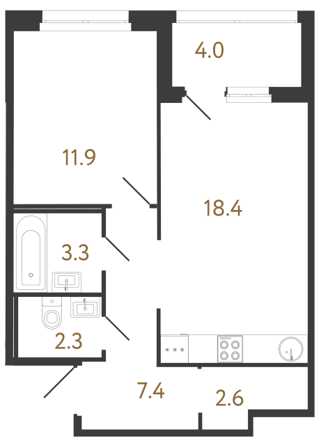Однокомнатная квартира №61 в ЖК Литера - 45.9 м²  - №2