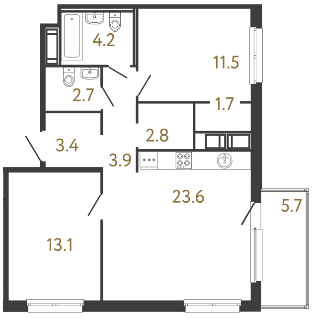 Двухкомнатная квартира №28 в ЖК Передвижники - 66.9 м²  - №2