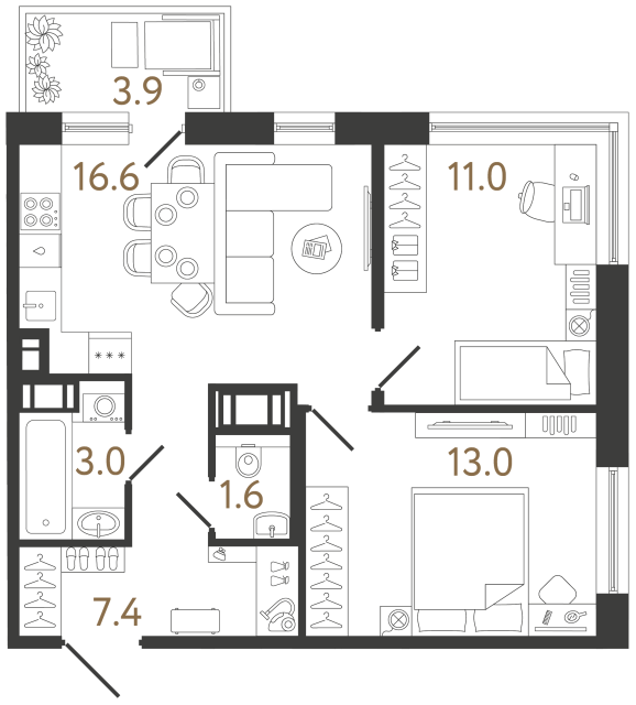 Двухкомнатная квартира №326 в ЖК Передвижники 2 - 52.6 м²