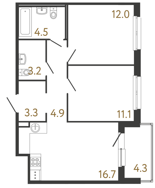 Двухкомнатная квартира №282 в ЖК Передвижники - 55.7 м²  - №2