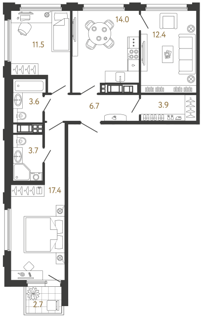 Трёхкомнатная квартира №669 в ЖК Гений - 73.2 м²
