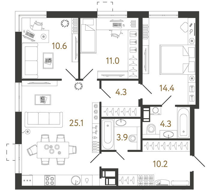 Трёхкомнатная квартира №462 в ЖК Струны - 83.8 м²