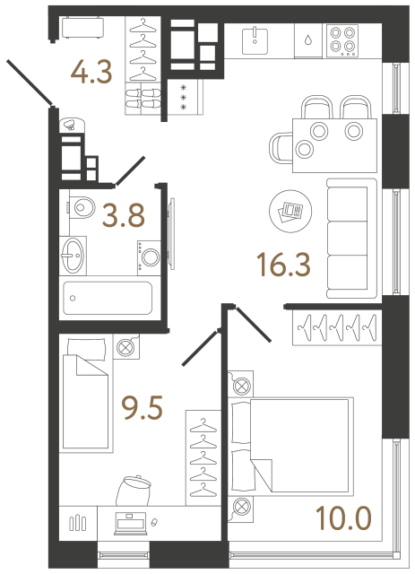 Двухкомнатная квартира №404 в ЖК Передвижники 2 - 43.9 м²