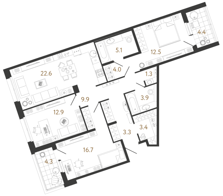 Трёхкомнатная квартира №150 в ЖК Литера - 95.6 м²