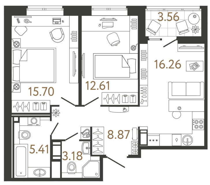 Двухкомнатная квартира №631 в ЖК Ultra City 3 - 62.03 м²
