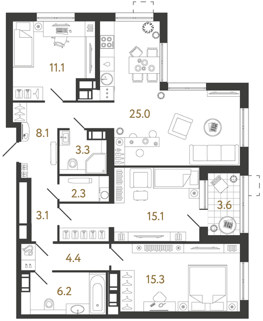Трёхкомнатная квартира №164 в ЖК Струны - 93.9 м²