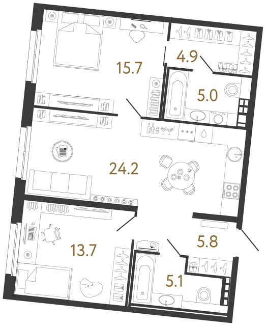 Двухкомнатная квартира №178 в ЖК Визионер - 74.4 м²